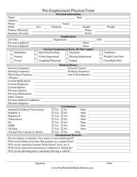Printable Pre-Employment Physical Form