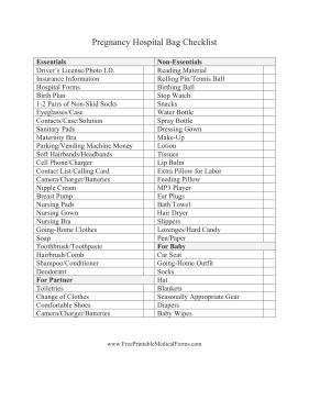 Pregnancy Hospital Bag Checklist Medical Form