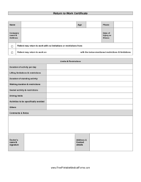Return To Work Form Medical Form