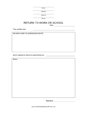 Return to Work or School Form Medical Form