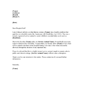 Service Animal Hospital Access Letter Medical Form