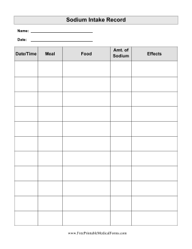 Sodium Intake Record Medical Form