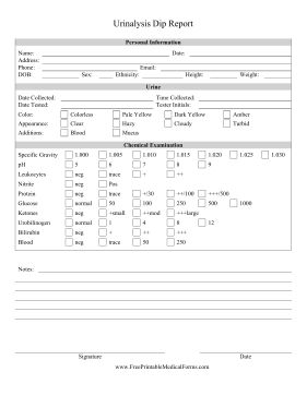Urinalysis Dip Report Medical Form